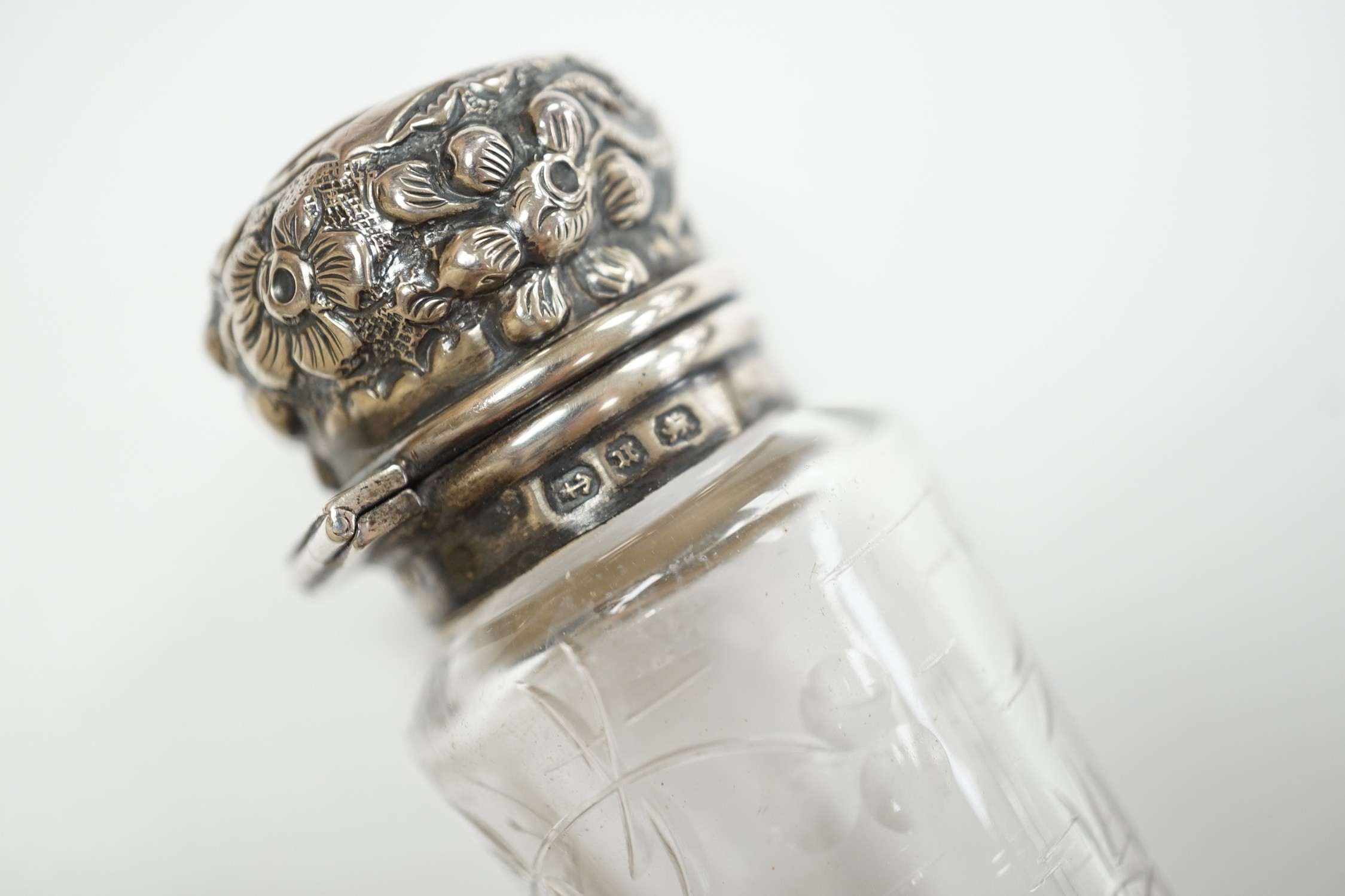 A late Victorian silver mounted cut glass teardrop shaped scent bottle, Birmingham, 1894, 21.4cm.